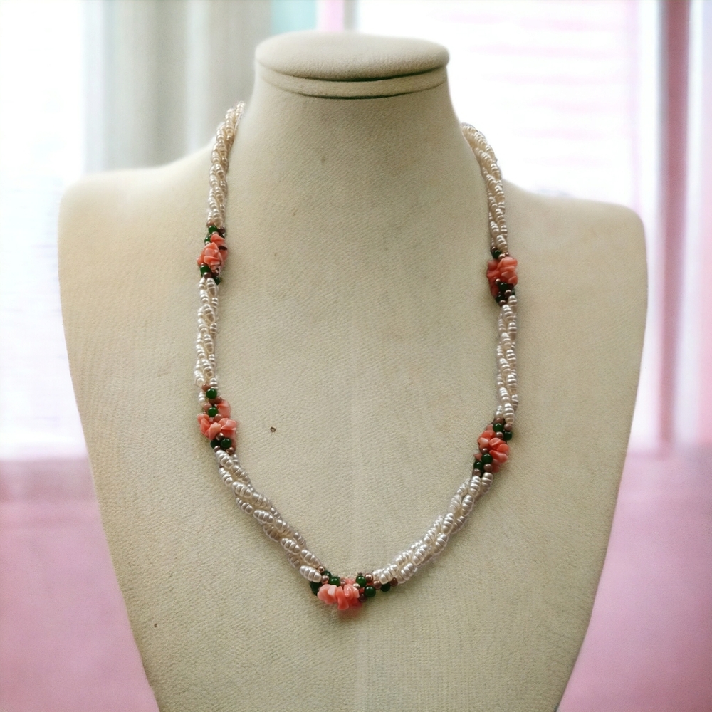 Estate Faux Pearl With Stunning Angel Skin Coral And Jade Necklace Multi-Strand